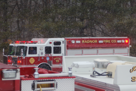 Rescue 15 arriving on the scene at the fire in the Chesterbrook section of Tredyffrin Township.